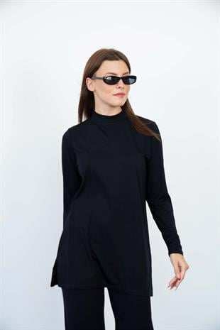 Viskon Dik Yaka Tunik -Siyah