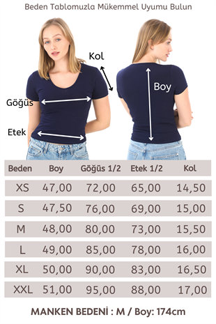 V Yaka Slim Fit Crop Tişört-Lacivert