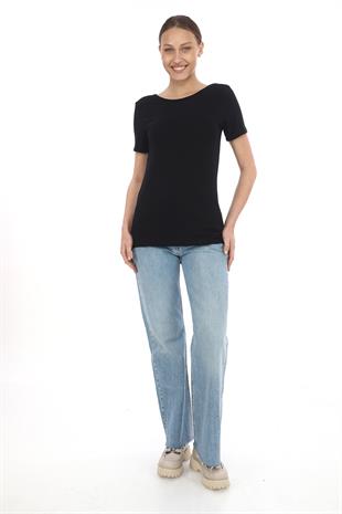 Sırt Dekolte Rahat Viskon Tunik-Siyah