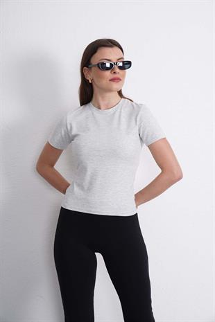 Crop Slim Fit Pamuk Likra Tişört-Kar Melanj