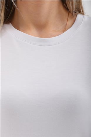 Viskon Dökümlü Tişört-Beyaz