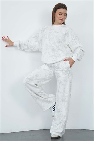 Oversize Sweatshirt & Geniş Paça Eşofman Altı Takım-Ekru-Gri Baskılı