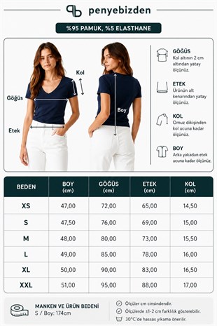 V Yaka Slim Fit Crop Tişört-Lacivert
