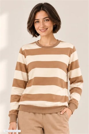 Kadın Bisiklet Yaka Sweatshirt Normal Kalıp Uzun Kollu-Bej Çizgili