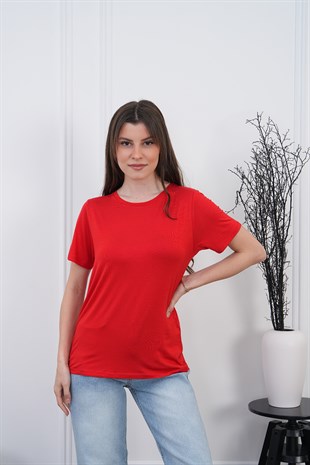 Viskon Dökümlü Tişört-Kırmızı