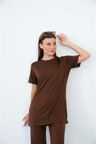 Soft Viskon Uzun Tunik-Kahverengi