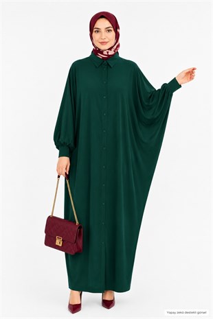 Kadın Sandy Tesettür Gömlek Elbise Abaya-Zümrüt Yeşil