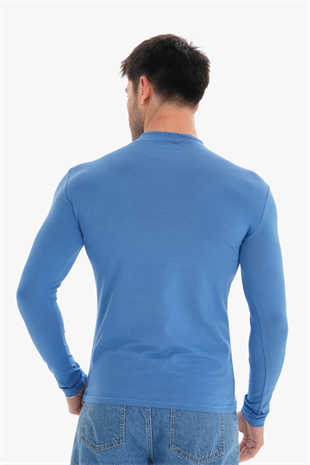 Erkek Dik Yaka Slim Fit Pamuk Likra Tişört-Koyu Mavi