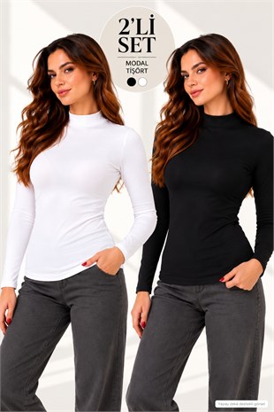 Kadın Modal Dik Yaka Slim Fit Tişört 2li Paket-Siyah-Beyaz
