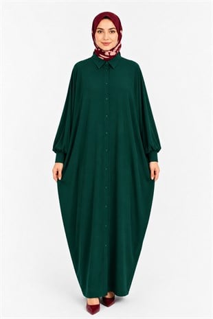 Kadın Sandy Tesettür Gömlek Elbise Abaya-Zümrüt Yeşil