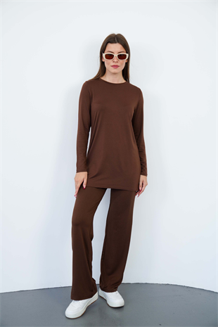Bisiklet Yaka Viskon Tunik & Pantolon Takım-Kahverengi