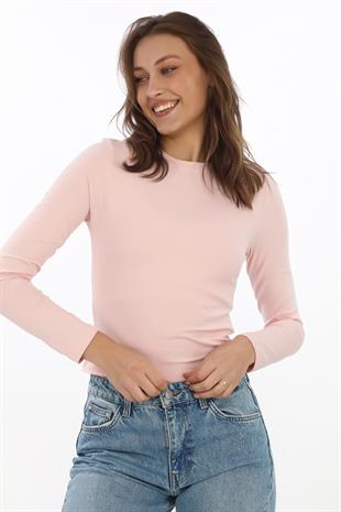 Likralı Pamuk Crop Tişört-Slim Fit -Pudra