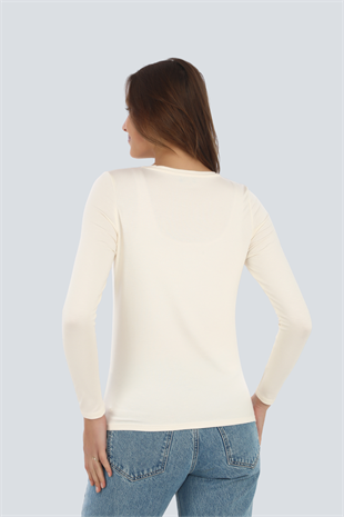 Kadın Zarif İnce Gösteren Viskon Tişört-Krem