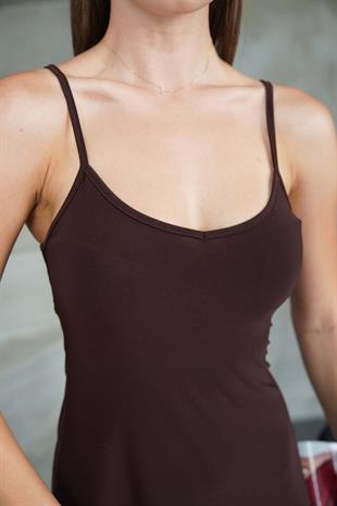  İnce Askılı Sırt Dekolteli V Yaka Kloş Elbise -Kahverengi