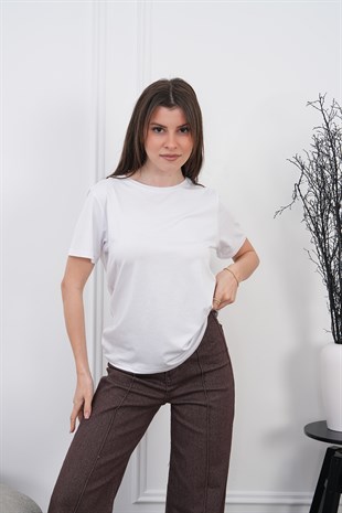 Viskon Dökümlü Tişört-Ekru