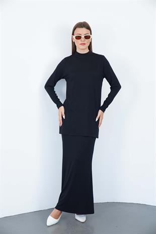 Viskon Dik Yaka Tunik ve Etek Takım-Siyah