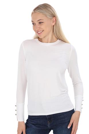 Kol Düğmeli Modal Tişört-Beyaz