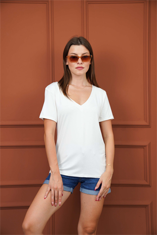 Viskon Dökümlü V Yaka Tişört-Ekru