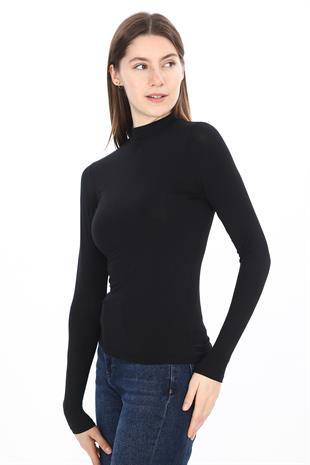 Kadın Modal Dik Yaka Slim Fit Tişört-Siyah