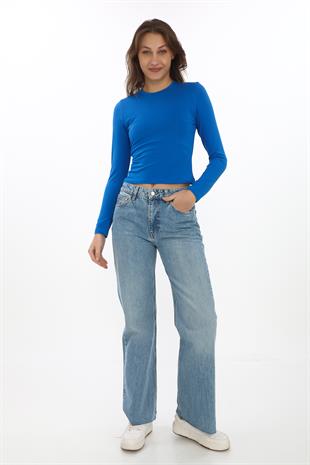 Likralı Pamuk Crop Tişört-Slim Fit -Saks