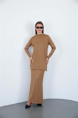 Viskon Dik Yaka Tunik ve Etek Takım-Tarçın