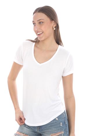Kadın V Yaka Viscon Tişört-Beyaz