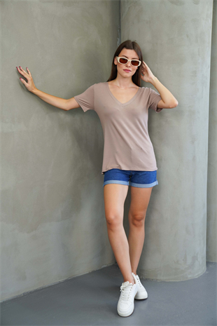 Viskon Dökümlü V Yaka Tişört-Sütlü Kahve