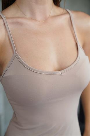  İnce Askılı Sırt Dekolteli V Yaka Kloş Elbise -Ten