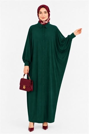 Kadın Sandy Tesettür Gömlek Elbise Abaya-Zümrüt Yeşil