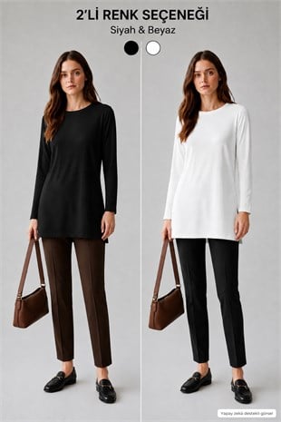 Premium Viskon Uzun Tunik 2li Paket-Siyah-Beyaz