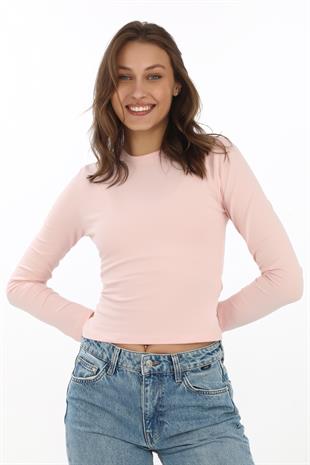Likralı Pamuk Crop Tişört-Slim Fit -Pudra