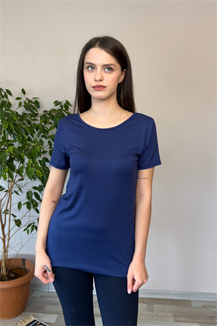 Sırt Dekolte Rahat Viskon Tunik-Lacivert