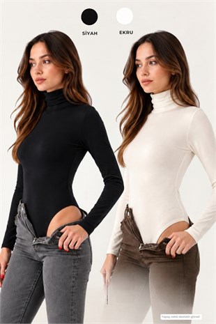 Kadın Viskon Tam Balıkçı Yaka Çıtçıtlı Zıbın Body2li Satış-Siyah-Ekru