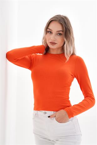 Likralı Pamuk Crop Tişört-Slim Fit -Turuncu