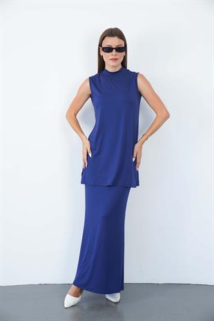 Viskon Kolsuz Tunik ve Etek Takım-Lacivert