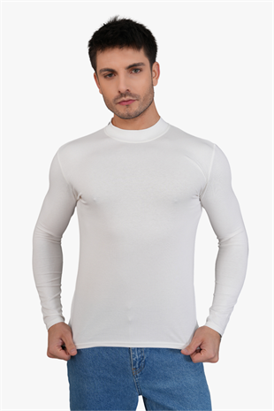 Erkek Dik Yaka Slim Fit Pamuk Likra Tişört-Off White