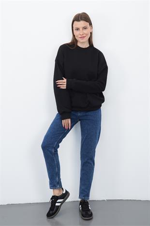 Valeria Kadın 3 İplik Şardonsuz Pamuk Oversize Bisiklet Yaka Siyah Sweatshirt 