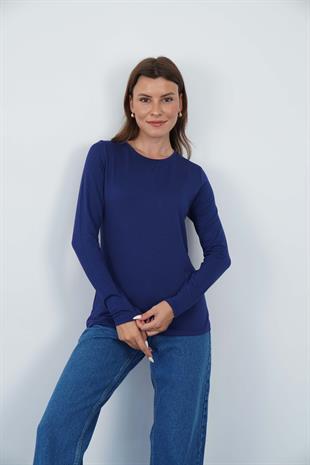 Kadın Zarif İnce Gösteren Viskon Tişört-Lacivert