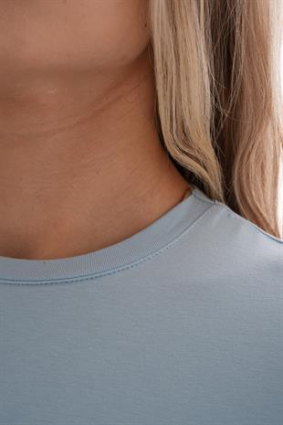 Likralı Pamuk Crop Tişört-Slim Fit -Açık Mavi