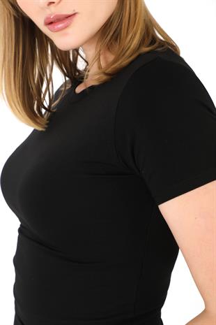 Crop Slim Fit Pamuk Likra Tişört-Siyah
