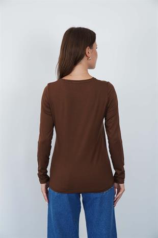 Kadın Zarif İnce Gösteren Viskon Tişört-Kahve