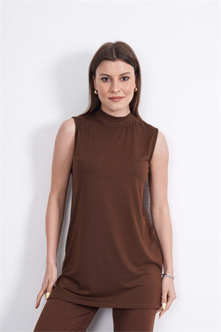 Viskon Kolsuz Tunik-Kahverengi