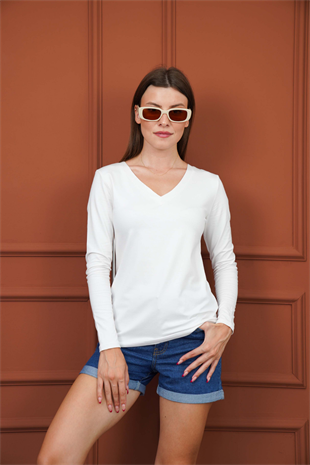 Yumuşak, Rahat ve Şık Viskon V Yaka Tişört-Krem