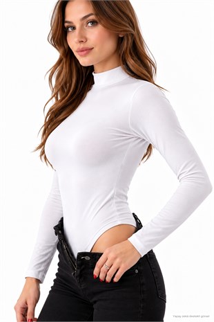 Kadın Viskon Boğazlı Çıtçıtlı Zıbın Body-Beyaz