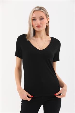 Viskon Dökümlü V Yaka 2li Tişört-Siyah-Beyaz