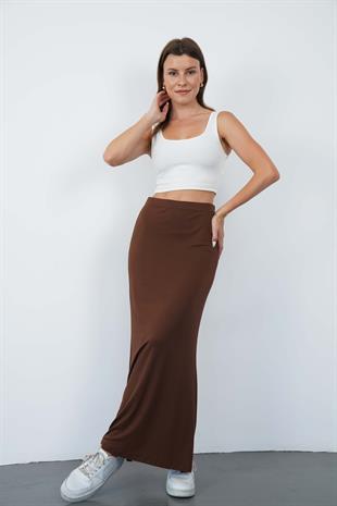 Nora Kadın Maxi Boy Astarlı Viskon Etek-Kahverengi