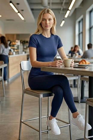Crop Slim Fit Pamuk Likra Tişört-Lacivert
