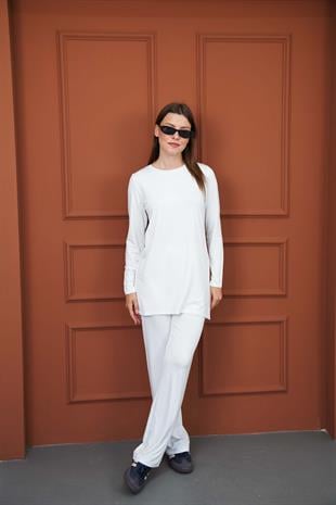 Viskon Tunik & Pantolon Takım-Beyaz