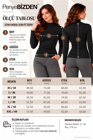 Kadın Modal Dik Yaka Slim Fit Tişört-Siyah
