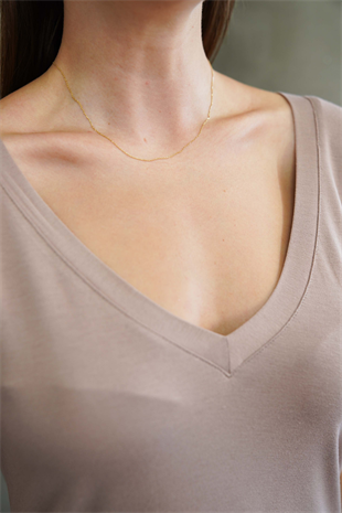 Viskon Dökümlü V Yaka Tişört-Sütlü Kahve